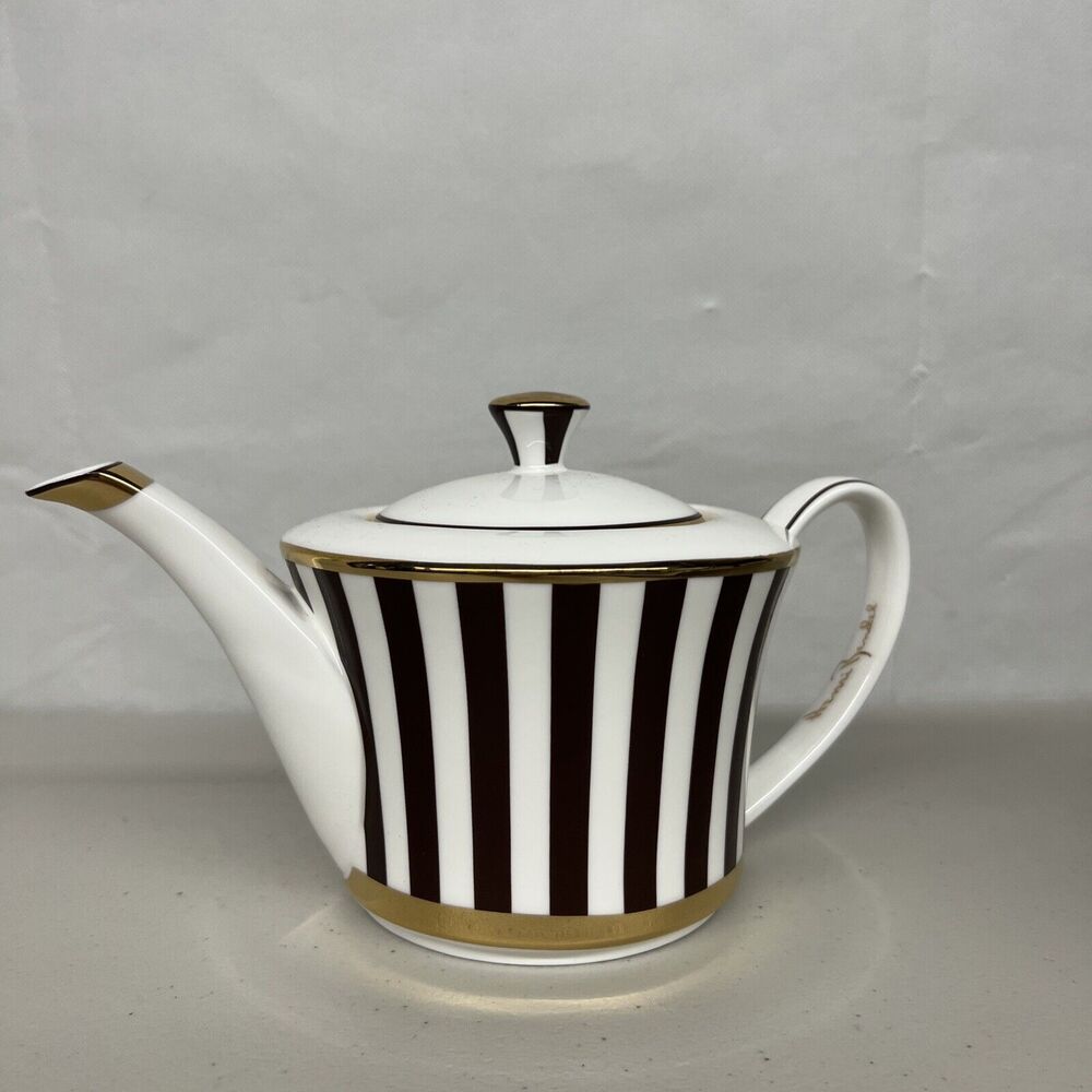 Henri Bendel Striped Teapot Brown White & Gold Bone China Centennial Stripe